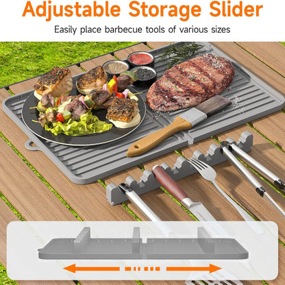 Silicone Grill Mat – Adjustable Slot Design – Griddle Tool & Drip Catch Use – Compatible with Blackstone-Style Griddles – Side Shelf Accessory Mat – Grey
