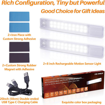 2-Pack 8in Motion Sensor Under Cabinet Lights – Rechargeable Magnetic LED Closet Lighting