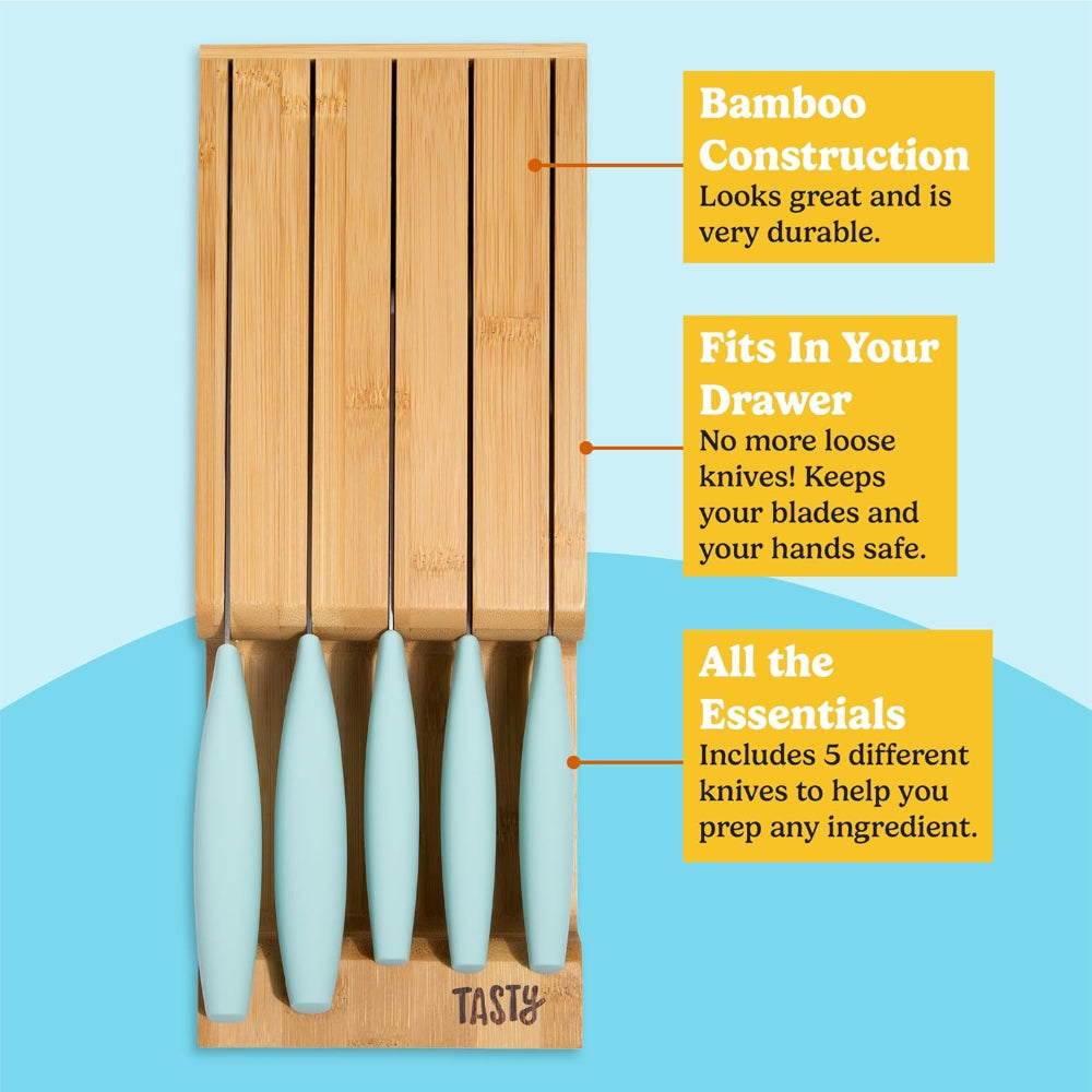 6-Piece Kitchen Knife Set – Space-Saving In-Drawer Organizer – Chef, Bread, Santoku, Utility & Paring Knives, Aqua