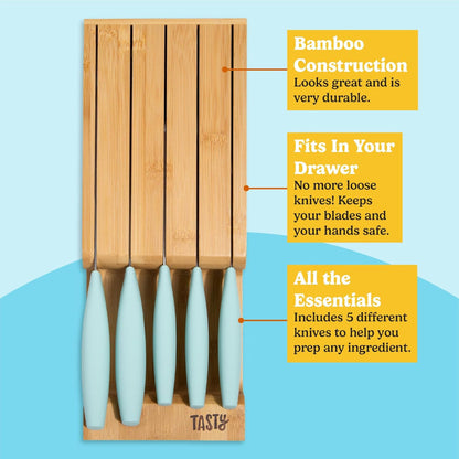 6-Piece Kitchen Knife Set – Space-Saving In-Drawer Organizer – Chef, Bread, Santoku, Utility & Paring Knives, Aqua