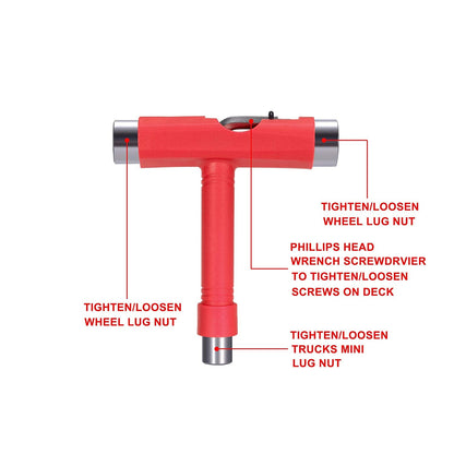 Zeato All-In-One Skate Tools Multi-function Portable Skateboard T Tool Accessory with T-type Allen Key and L-type Phillips Head Wrench Screwdriver