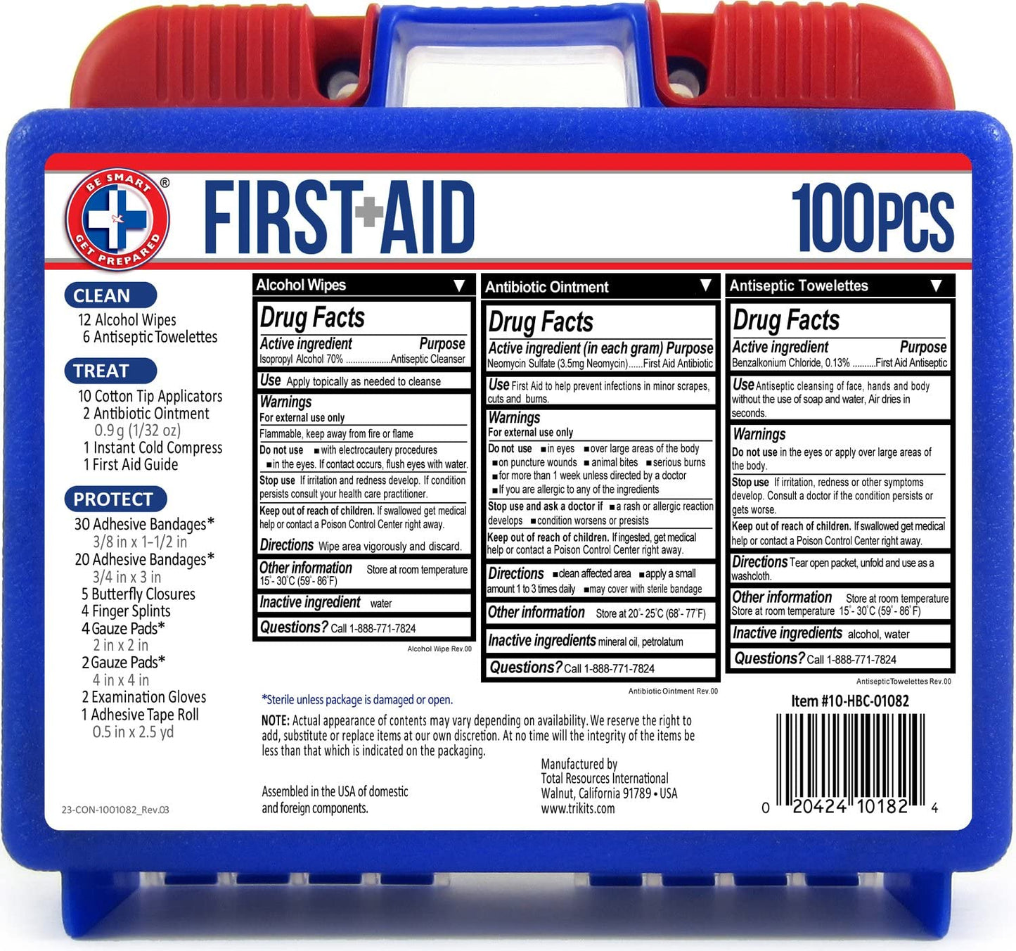 Be Smart Get Prepared 10HBC01082 100Piece First Aid Kit, Clean, Treat & Protect Most Injuries With The Kit that is great for Any Home, Office, Vehicle, Camping & Sports. 0.71 Lb