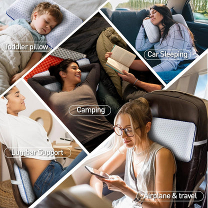 Memory Foam Travel Pillow – Contoured Medium-Firm Support for Sleeping – Lightweight & Compact Use for Airplanes, Camping, Car & Backpacking – Breathable, Washable Cover – Toddler & Kids Friendly