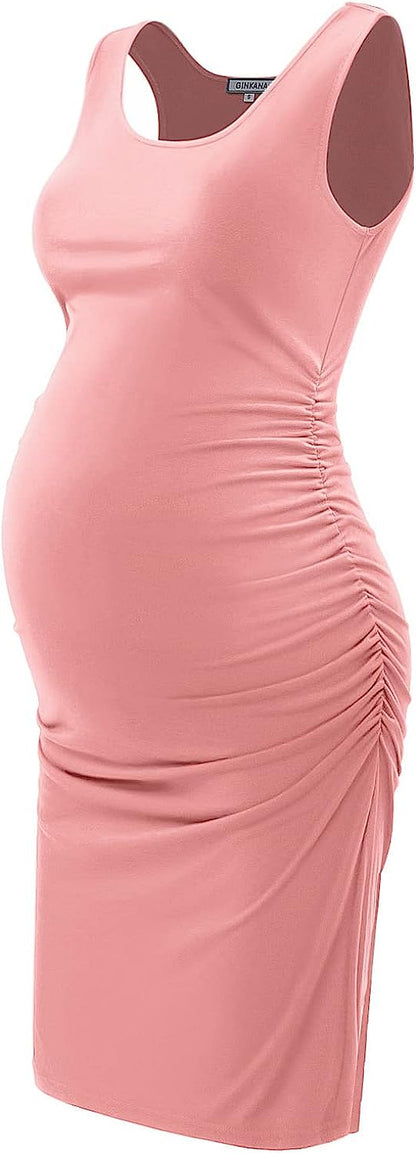  Maternity Tank Dress Bodycon Sleeveless Casual Short Ruched Midi Fitted Dress for Pregnant Women