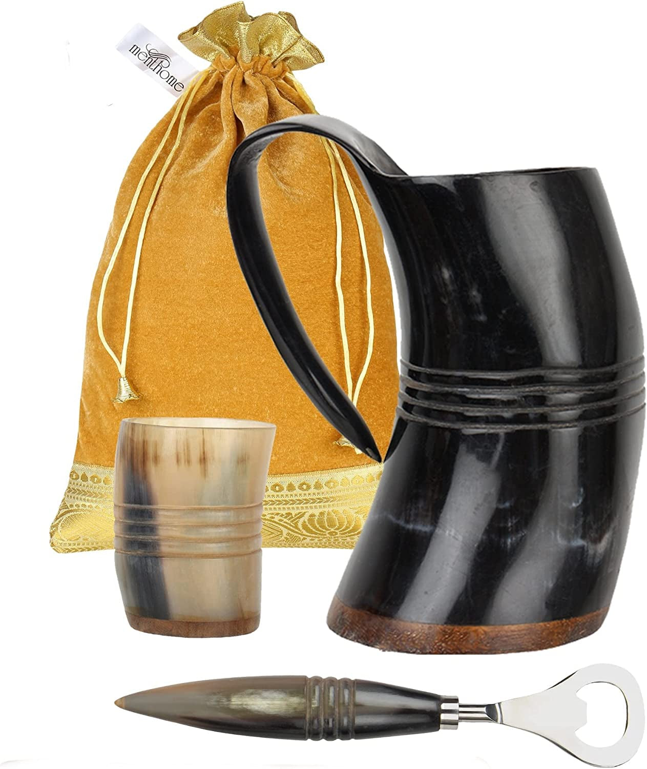 Engraved Medieval Norse Style Polished Drinking Horn Mug - with Horn Shot Glass | Bottle Opener | Golden Gift Bag | Large Horn Spoon | 20 Oz. (Carved Mug)