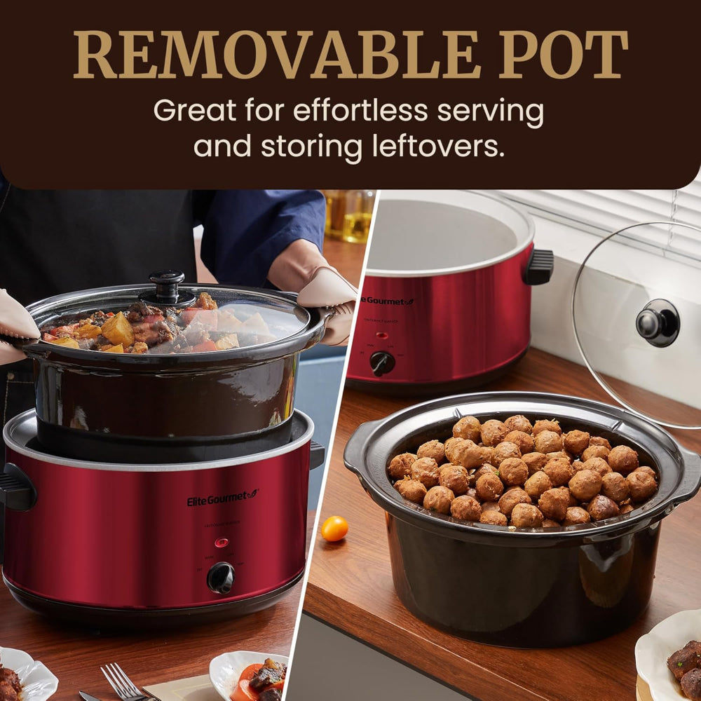 Electric Ceramic XL Slow Cooker – 8.5-Quart Use – Adjustable Temperature for Stews, Sauces & Dips – Dishwasher Safe Glass Lid & Crock – Metallic Red
