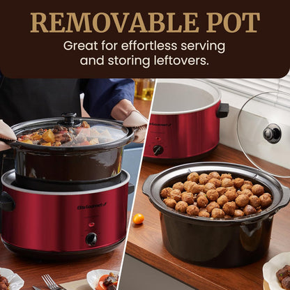 Electric Ceramic XL Slow Cooker – 8.5-Quart Use – Adjustable Temperature for Stews, Sauces & Dips – Dishwasher Safe Glass Lid & Crock – Metallic Red