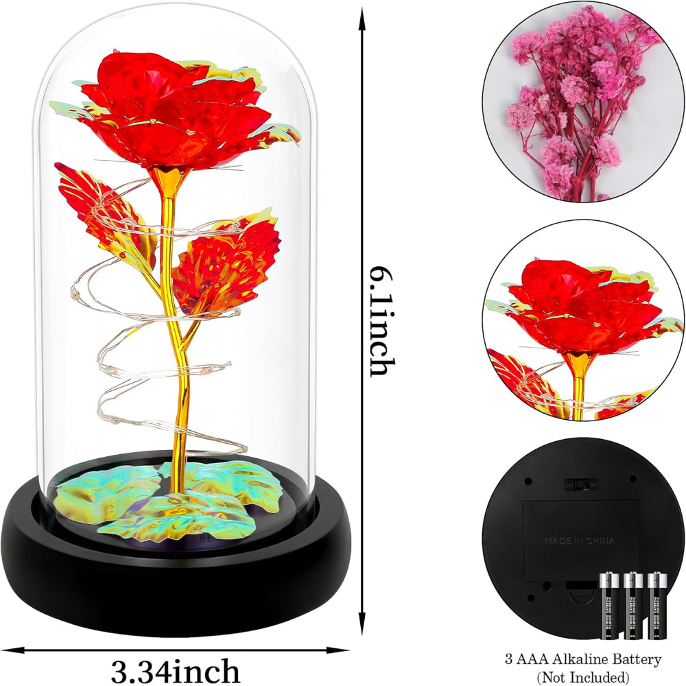Light-Up Rose in Glass Dome – Gift for Her, Mom, Wife, Grandma, Colorful Rainbow Flowers
