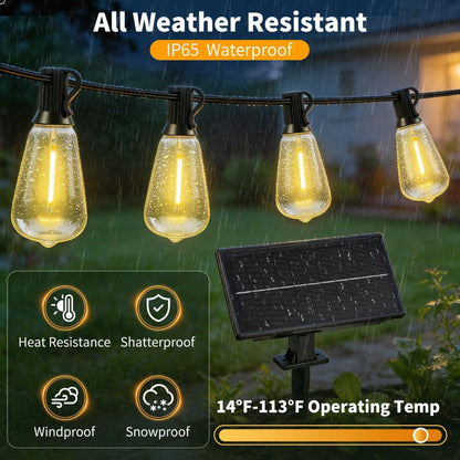 50FT Solar String Lights – Outdoor Waterproof Patio Lights with Remote Dimmable USB Recharge