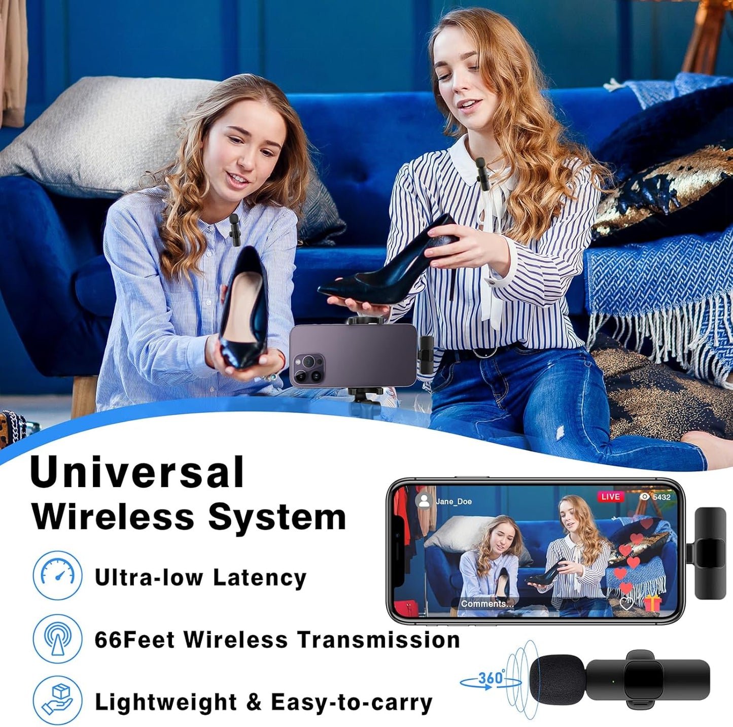 2-Pack Wireless Lavalier Microphone – Omnidirectional Lapel Mic for iPhone iPad Recording