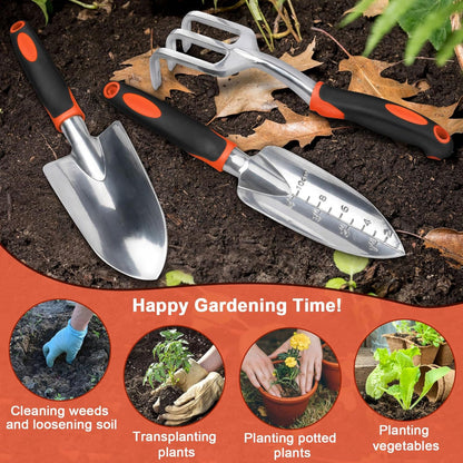 3-Pack Heavy Duty Garden Tools Set – Shovel, Transplant Trowel & Hand Rake with Ergonomic Handles, Aluminum Alloy for Lawn & Planting