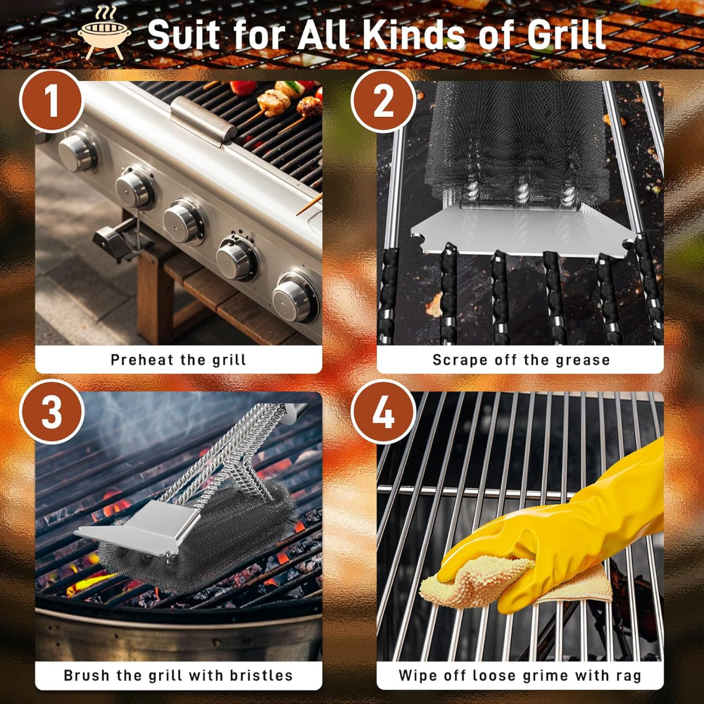 Grill Brush Cleaner – Adjustable Handle BBQ Brush with Scraper for Gas Charcoal Grates