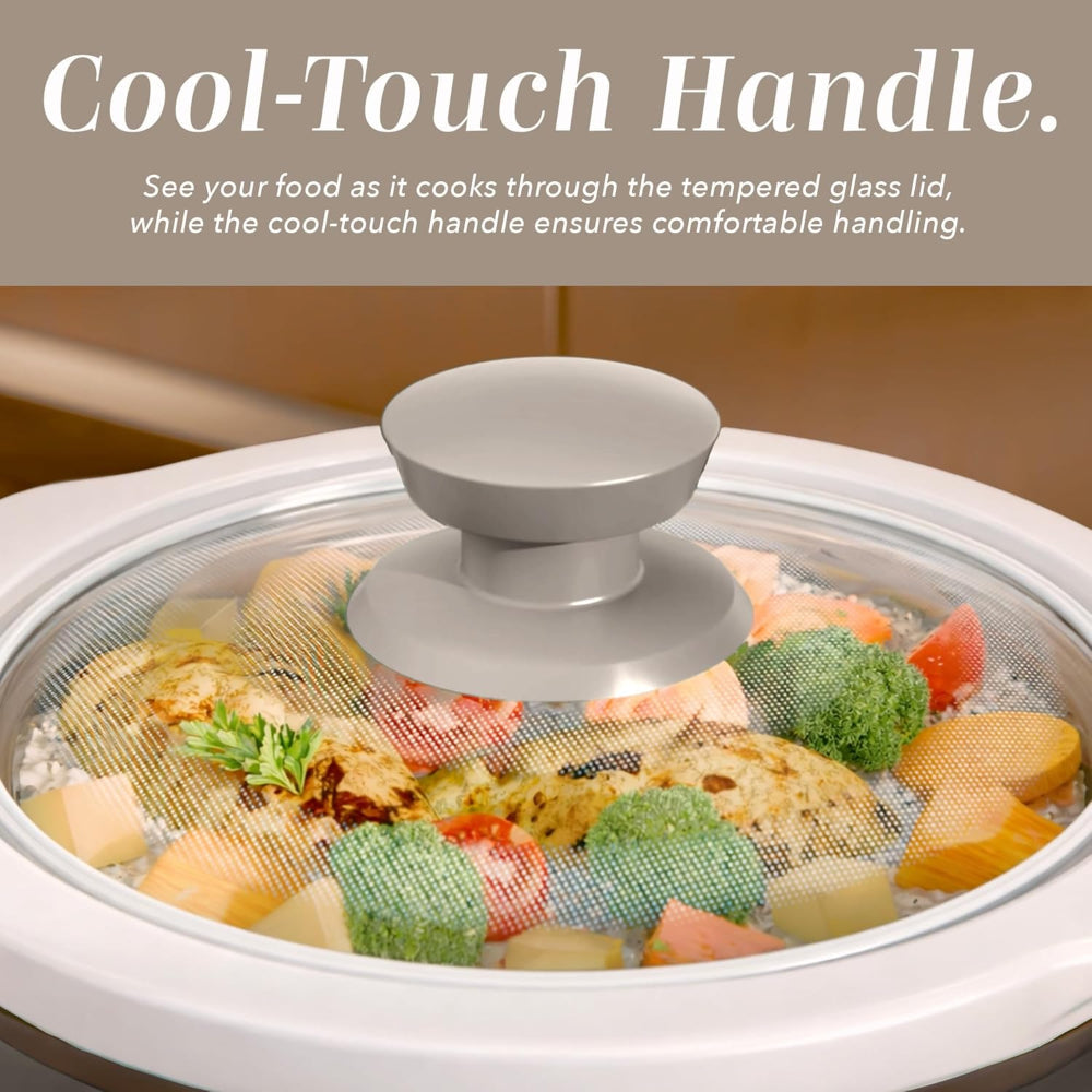 2QT Mini Electric Slow Cooker – Round Stoneware Pot with Tempered Glass Lid, Adjustable Settings, Dishwasher Safe, Cool-Touch Handles