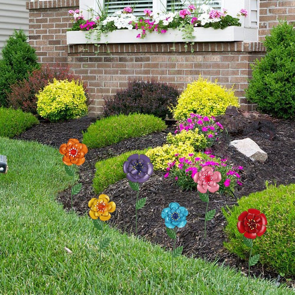 6-Pack Metal Flower Garden Stakes – Outdoor Yard Decor for Lawn Patio Pathway Spring