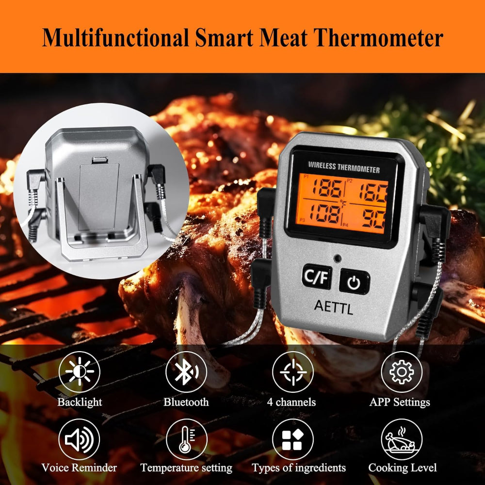 Wireless Digital Meat Thermometer – Instant Read with LCD Display & 4 Stainless Steel Probes, Waterproof Food Thermometer for BBQ, Grill & Kitchen Cooking