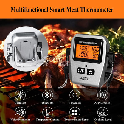 Wireless Digital Meat Thermometer – Instant Read with LCD Display & 4 Stainless Steel Probes, Waterproof Food Thermometer for BBQ, Grill & Kitchen Cooking
