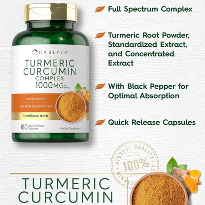 180 Capsules Turmeric Curcumin Supplement – With Black Pepper – Non-GMO, Gluten-Free, 1000mg