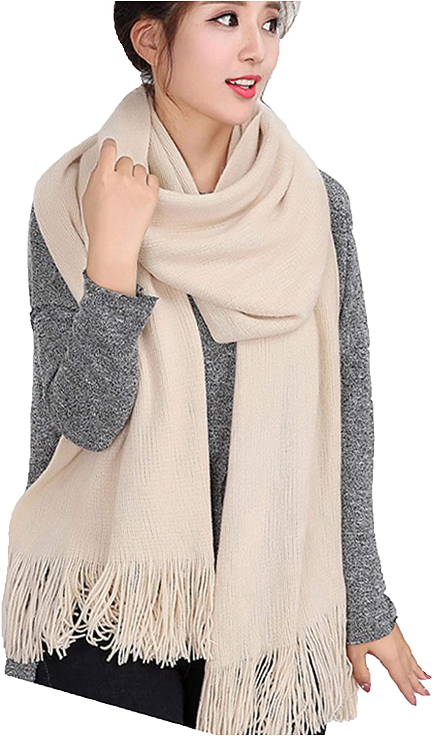 Wander Agio Women's Warm Long Scarves Winter Scarfs Pure Color Scarf Tassel