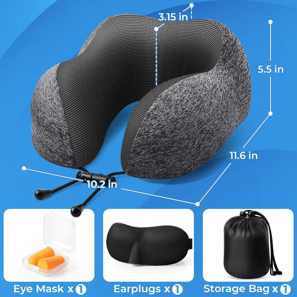 Memory Foam Travel Neck Pillow – Removable Cover with Adjustable Clasp, Sleep Pillow Set with Eye Mask, Earplugs & Storage Bag for Airplane
