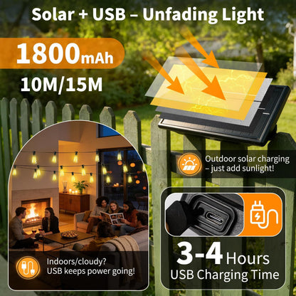 50FT Solar String Lights – Outdoor Waterproof Patio Lights with Remote Dimmable USB Recharge