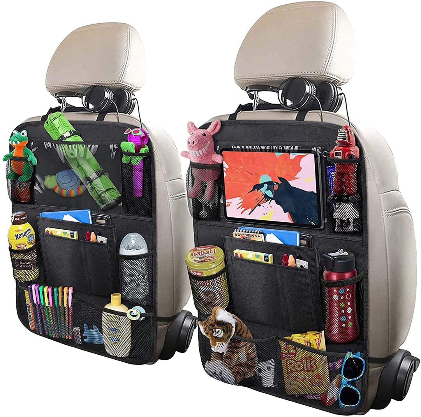 ULEEKA Car Backseat Organizer with 10" Table Holder, 9 Storage Pockets Seat Back Protectors Kick Mats for Kids Toddlers, Travel Accessories, Black, 2 Pack