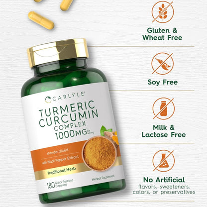 180 Capsules Turmeric Curcumin Supplement – With Black Pepper – Non-GMO, Gluten-Free, 1000mg