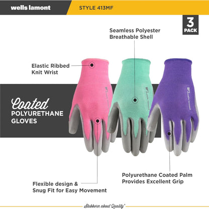 3-Pack Women’s Gardening Gloves – Breathable Polyester, PU-Coated Palm for Grip & Durability, Seamless Fit with Elastic Wrist