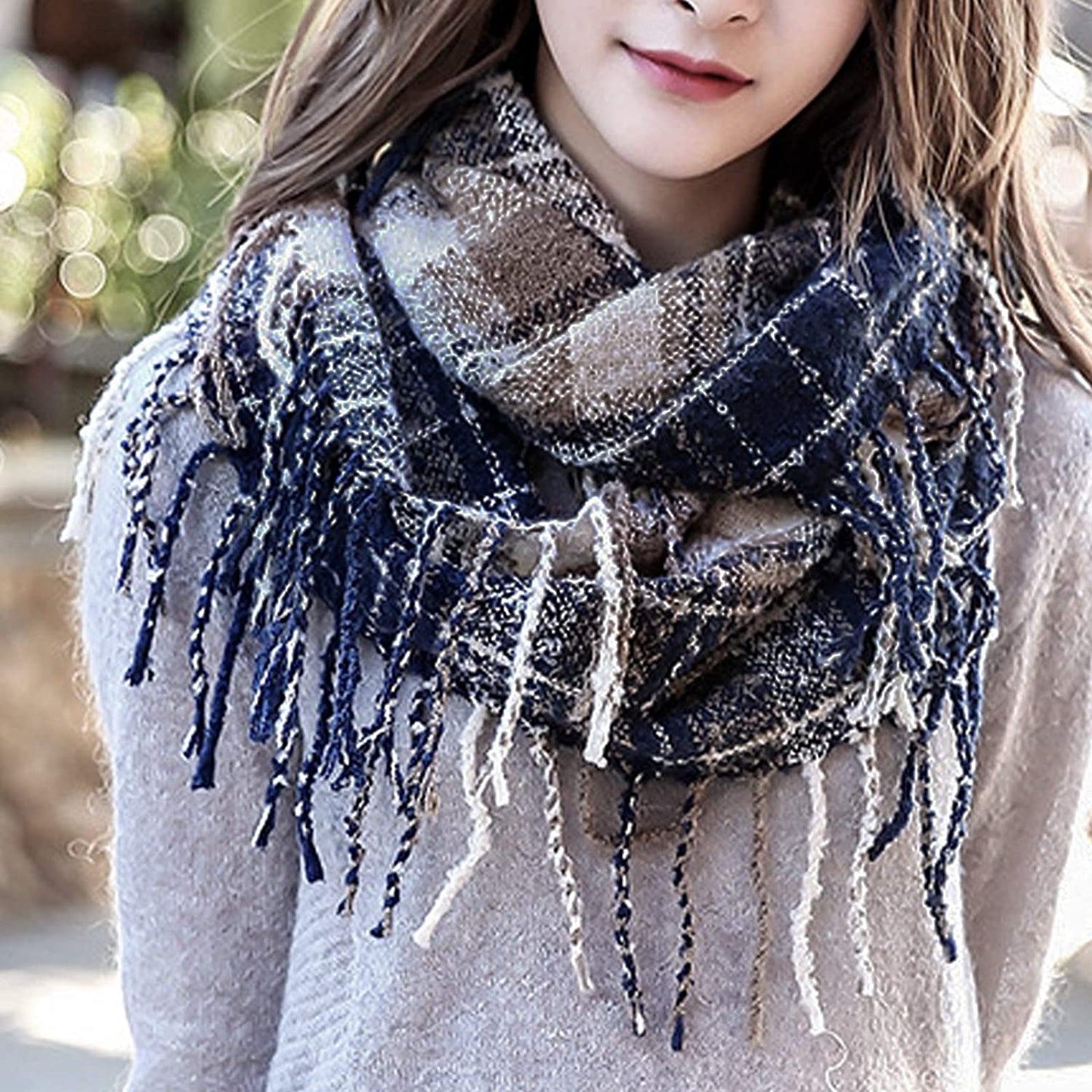 Womens Winter Plaid Infinity Scarf Warm Tassel Circle Loop Scarves & Knit Fall Scarfs for Women