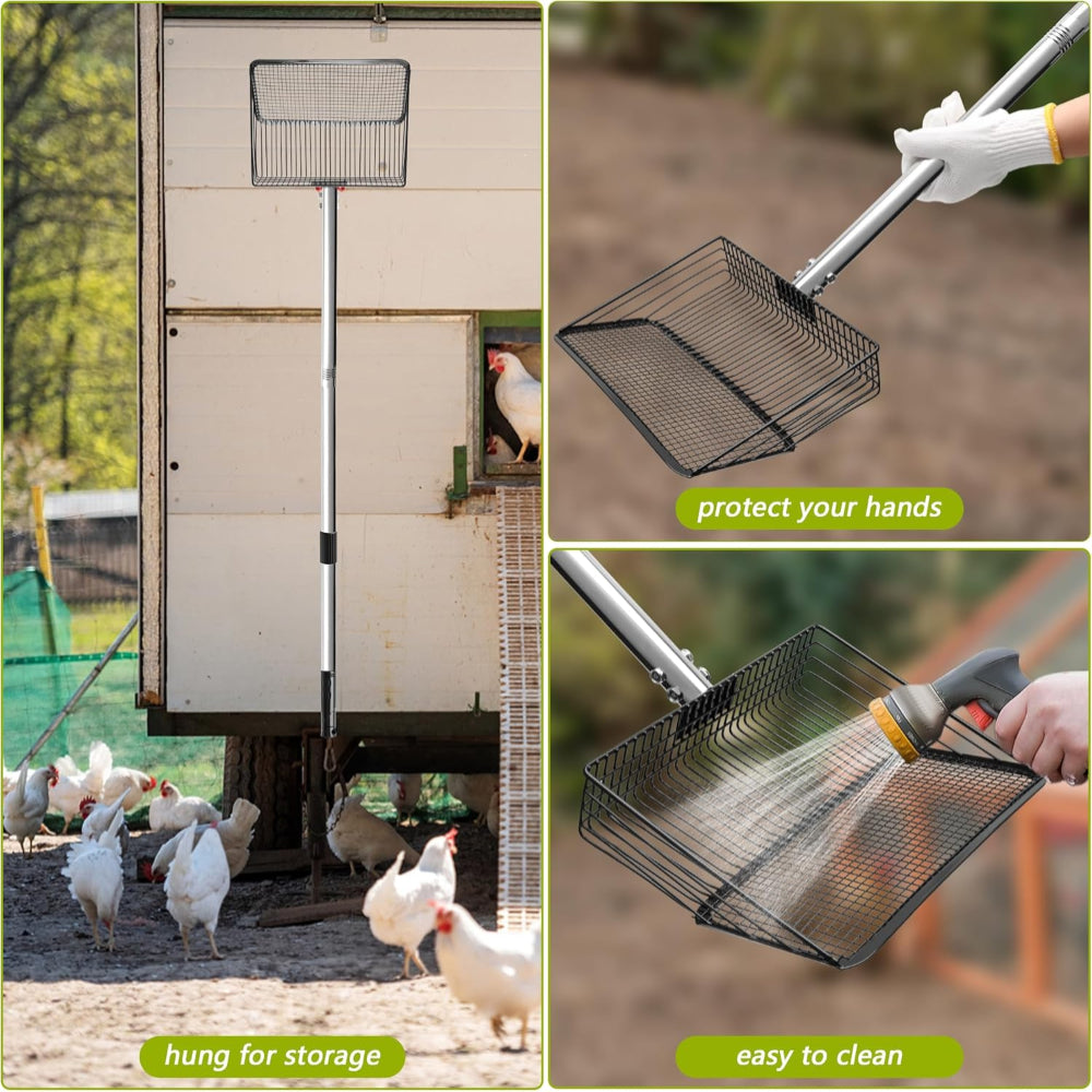 3-in-1 Chicken Coop Scooper – Adjustable Long Handle Use – Metal Sifting Shovel for Poultry Litter Cleaning – Durable Farming Tool