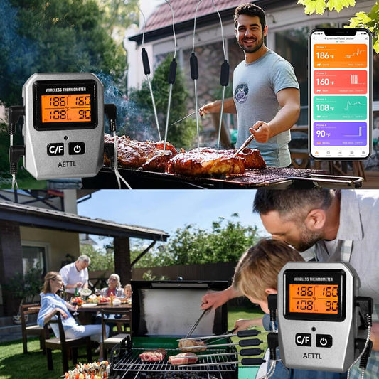 Wireless Digital Meat Thermometer – Instant Read with LCD Display & 4 Stainless Steel Probes, Waterproof Food Thermometer for BBQ, Grill & Kitchen Cooking