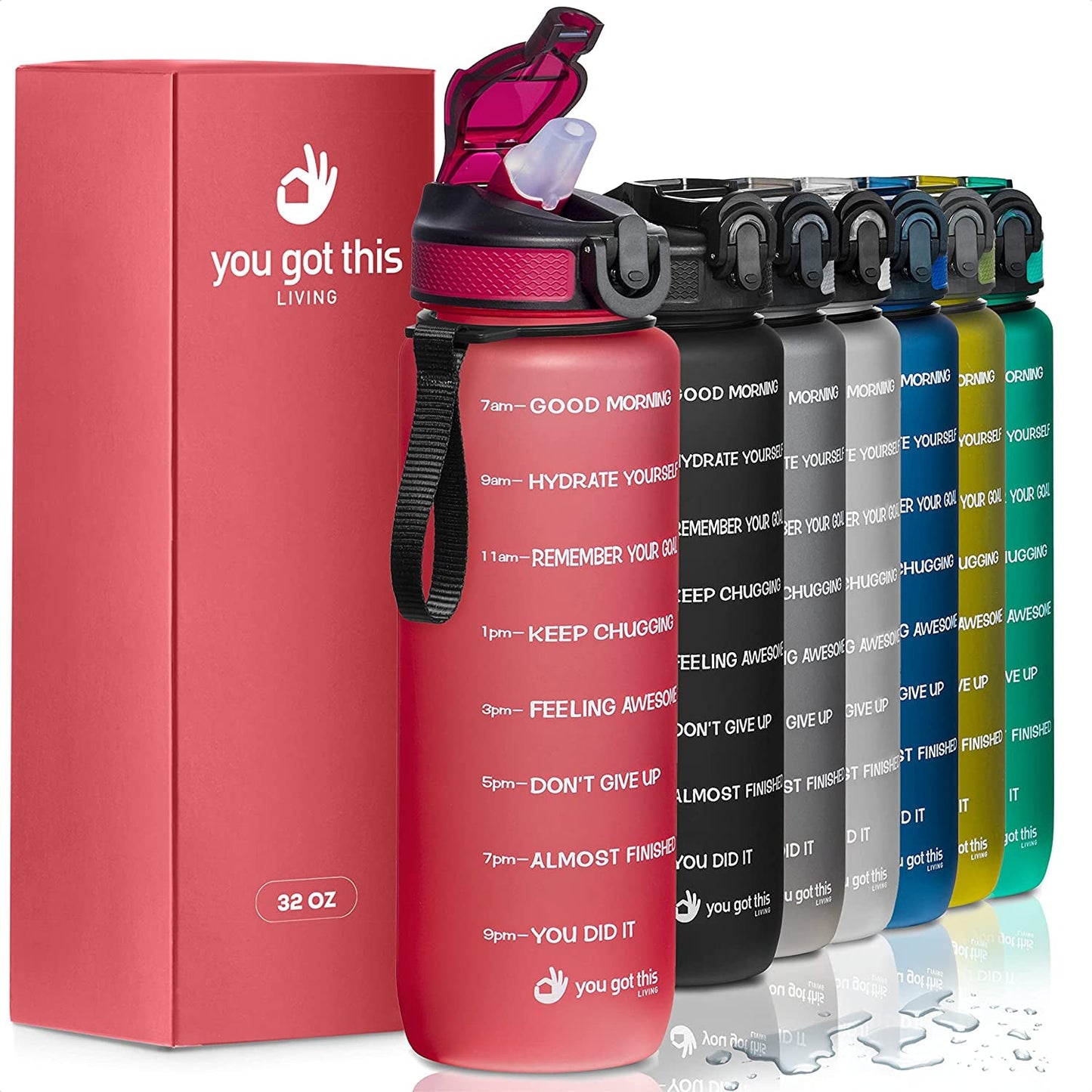  Motivational Water Bottle with Time Marker, 32 oz Water Bottle, Sports Water Bottle with Spout, Achieve All-Day Hydration SpillProof, BPA FREE