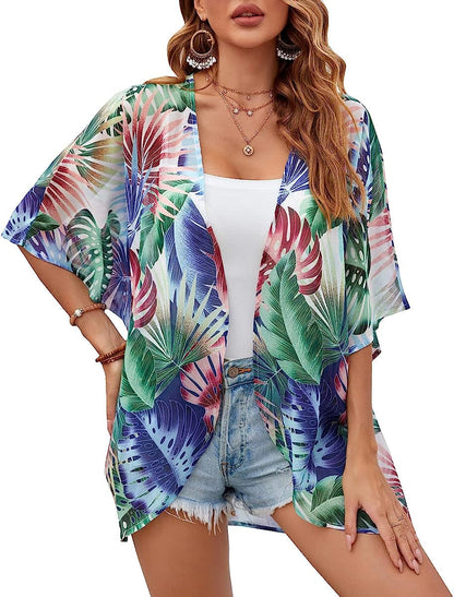  Women Floral Leaf Kimono Summer Cardigan Sheer Loose Half Sleeve Beach Shawl Chiffon Cover Up Casual Blouse Tops