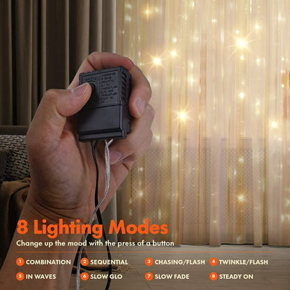  300 LED Window Curtain String Lights For  Wedding, Party, Home, Garden, Bedroom, Warm White