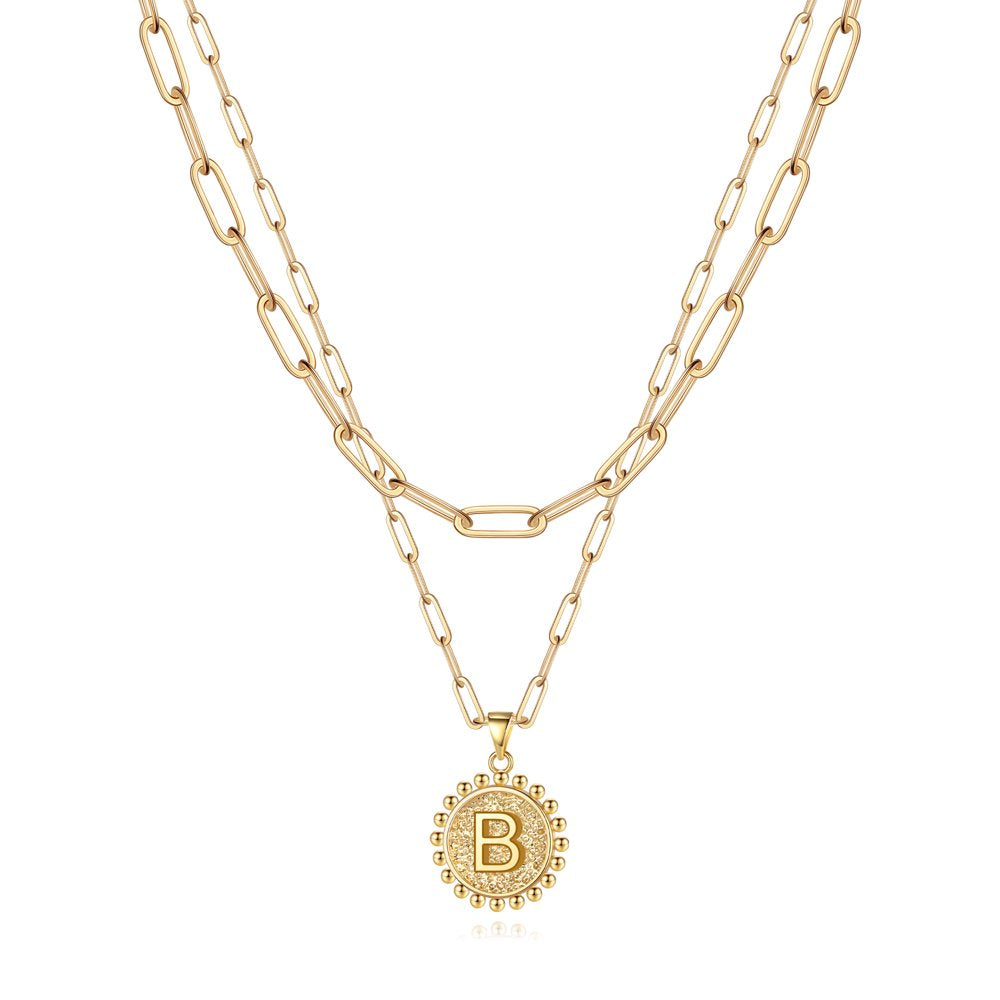 Gold Initial Necklaces for Women Girls 14K Gold Plated Dainty Layering Paperclip Link Chain Necklace Coin Initial Layered Gold Necklaces for Women
