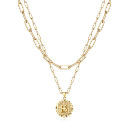 Gold Initial Necklaces for Women Girls 14K Gold Plated Dainty Layering Paperclip Link Chain Necklace Coin Initial Layered Gold Necklaces for Women