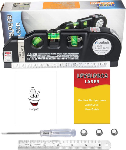 Laser Level Line Tool, Qooltek Multipurpose Cross Line Laser 8 feet Measure Tape Ruler Adjusted Standard and Metric Rulers for hanging pictures