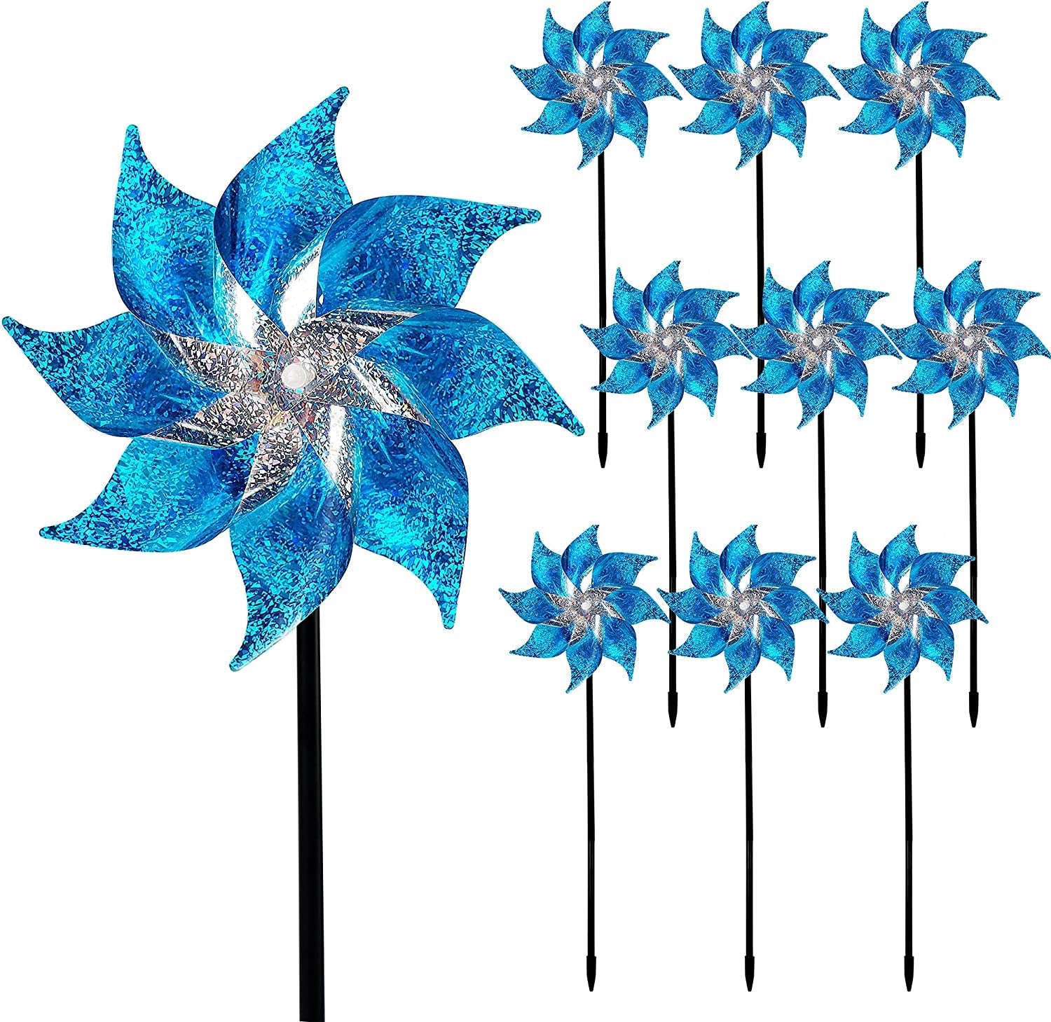  10 Pack Reflective Pinwheels Patriotic Decorations, American Flag on Stick Wind Spinner with Stake for Independence Day, Memorial Day July of 4th Party Supplies, Scare Birds Repellent Devices