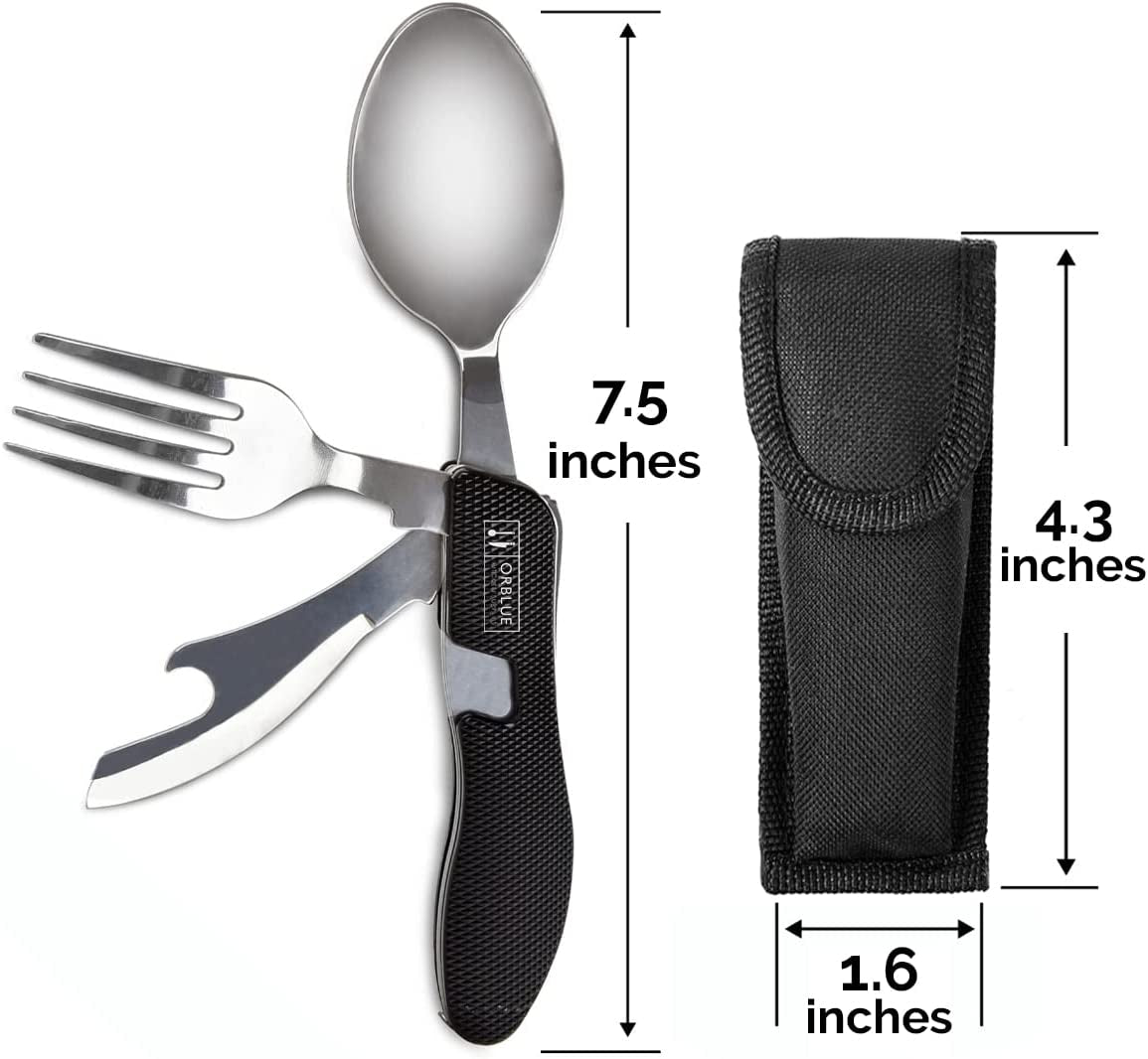 Orblue 4-in-1 Camping Utensils, 2-Pack - Portable Stainless Steel Spoon, Fork, Knife & Bottle Opener Combo Set - Travel, Backpacking Cutlery Multitool, Blue