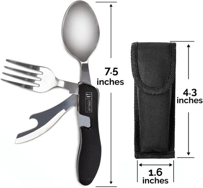 Orblue 4-in-1 Camping Utensils, 2-Pack - Portable Stainless Steel Spoon, Fork, Knife & Bottle Opener Combo Set - Travel, Backpacking Cutlery Multitool, Blue