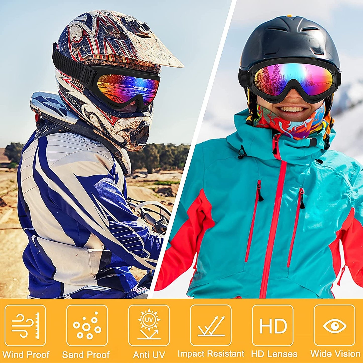 2 Pairs Motorcycle Goggles Fit Helmet, ATV Ski Goggles Anti-UV Dustproof Windproof Dirt Bike Goggles for Youth Men Women