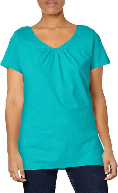 Hanes Women's Shirts, Slub Cotton Shirred V-Neck Tee, Cotton T-Shirts for Women, Women’s Tee Shirts