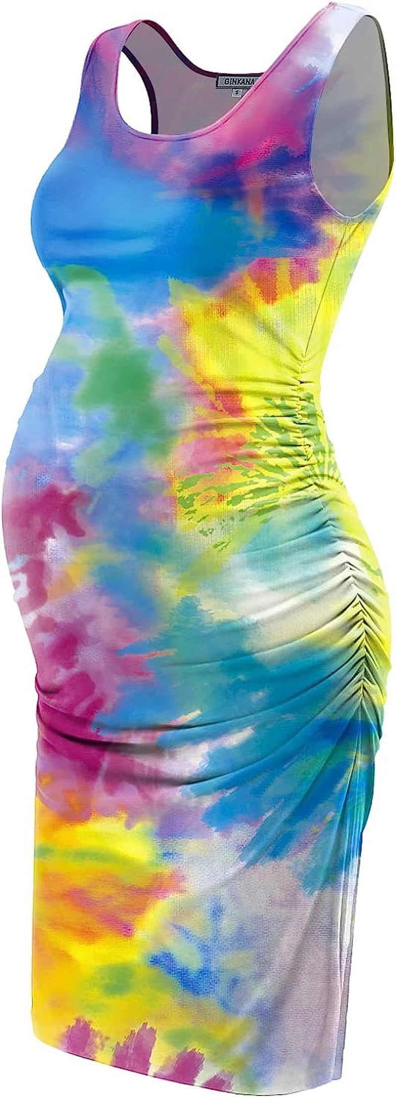  Maternity Tank Dress Bodycon Sleeveless Casual Short Ruched Midi Fitted Dress for Pregnant Women