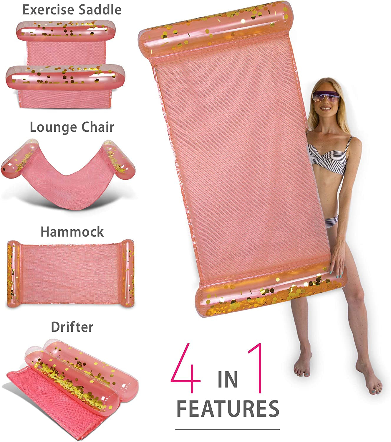  Inflatable Water Hammock - Luxurious Pool Float Lounger Filled with Confetti, 4-in-1 Exercise Saddle, Lounge Chair, Hammock, & Drifter, Great for Beach & Swimming Pool - 56" x 30"