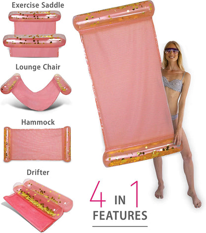  Inflatable Water Hammock - Luxurious Pool Float Lounger Filled with Confetti, 4-in-1 Exercise Saddle, Lounge Chair, Hammock, & Drifter, Great for Beach & Swimming Pool - 56" x 30"