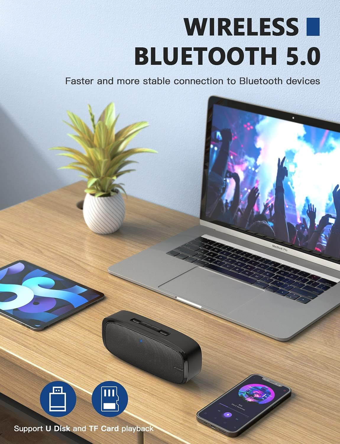 Wireless Portable Bluetooth Speaker with Loud Stereo Sound, Rich Bass, 12-Hour Playtime & Built-in Mic
