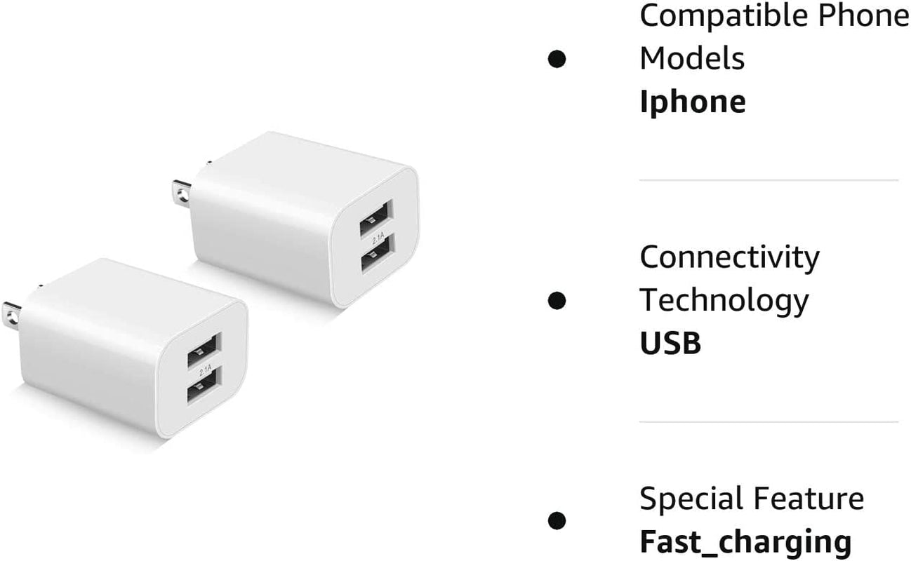  2Pack Dual Port Cube Plug Power Charging Adapter for Apple iPhone