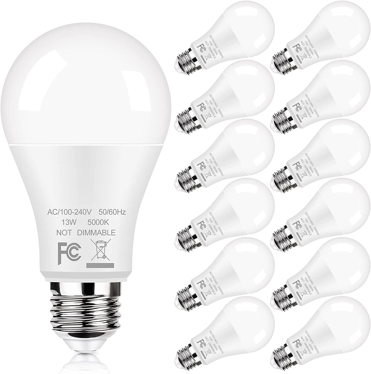 12-Pack A19 LED Light Bulbs, 100W Equivalent Bulbs, 13W 5000K Daylight White LED Bulbs with Standard E26 Medium Base