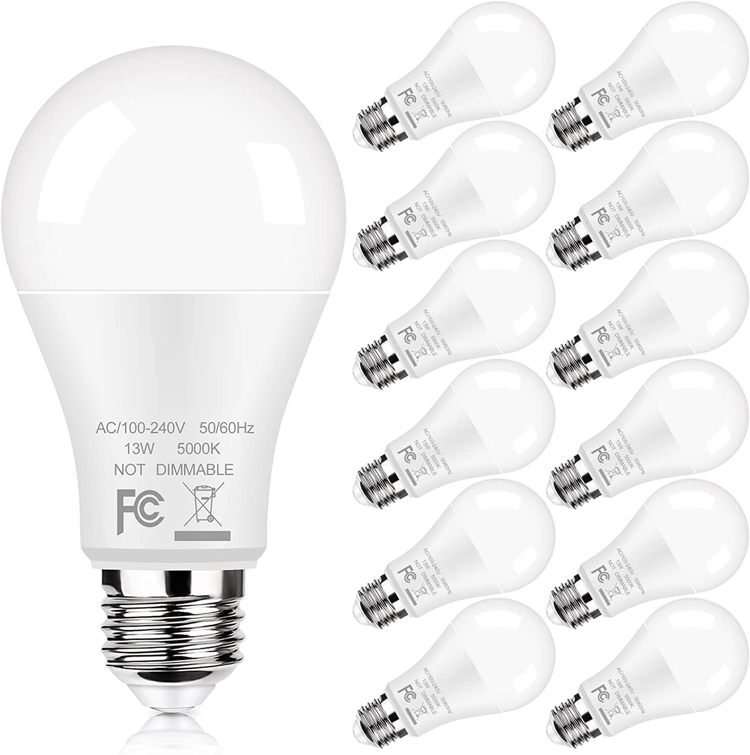 12-Pack A19 LED Light Bulbs, 100W Equivalent Bulbs, 13W 5000K Daylight White LED Bulbs with Standard E26 Medium Base