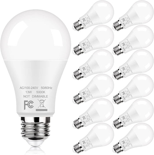 12-Pack A19 LED Light Bulbs, 100W Equivalent Bulbs, 13W 5000K Daylight White LED Bulbs with Standard E26 Medium Base