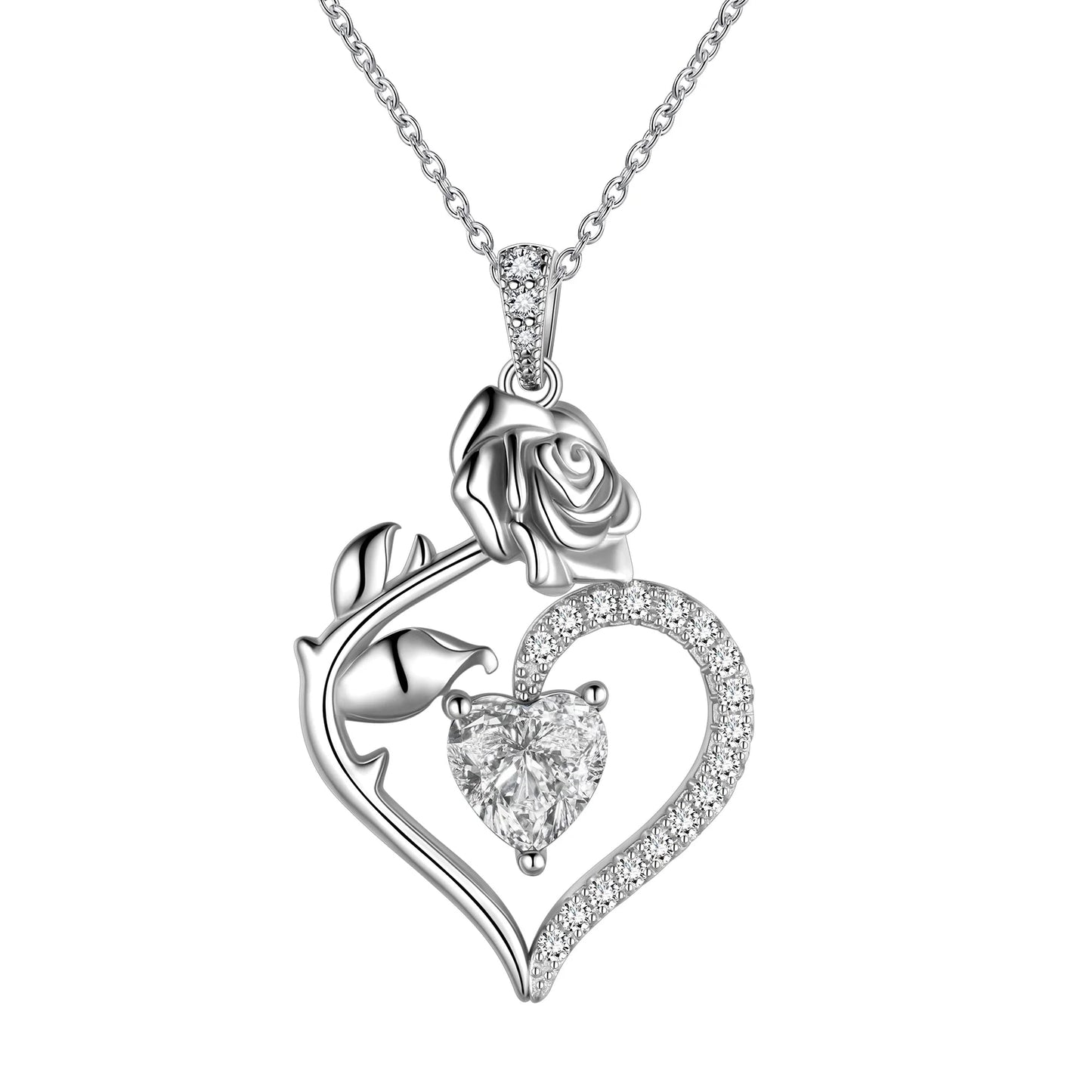 925 Sterling Silver Birthstone Necklace -  Rose Flower Heart Pendant with Chain